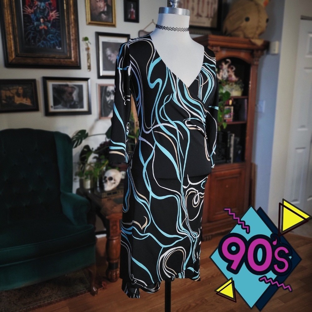 Kona Wrap Dress Vintage 90s Abstract Swirl Print Black Blue V-Neck Midi Small